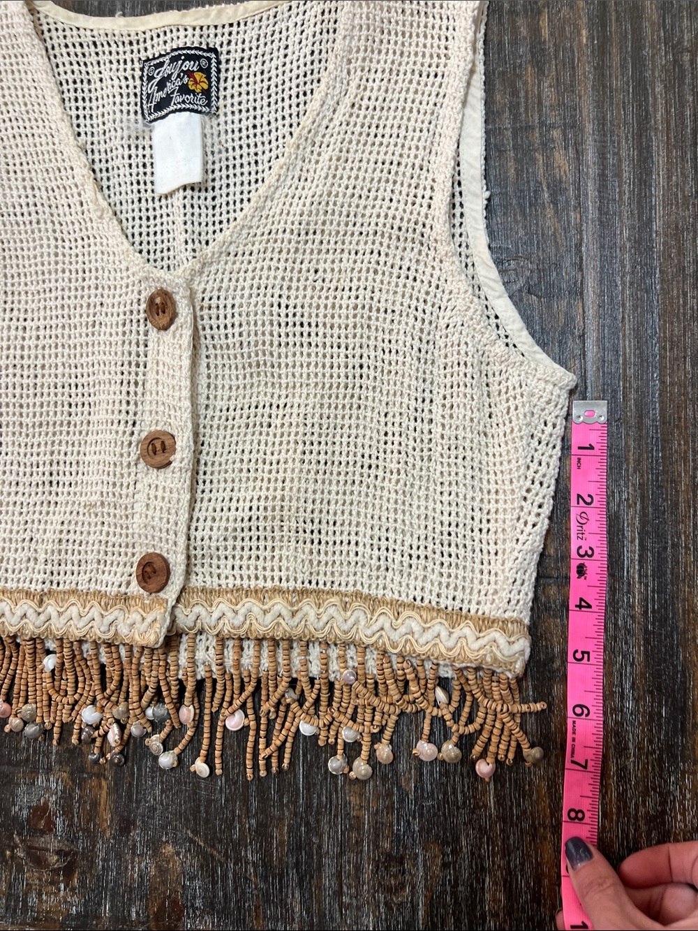 Vintage Jou Jou Cream Open-Knit Crochet Vest with Beaded Accent. Boho - Picture 7 of 7